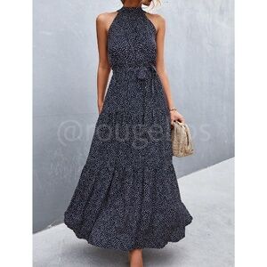 Navy Blue Polka Dot Halter Maxi Dress Tie Belt Long Flared High Neck Sleeveless
